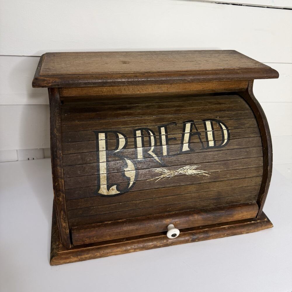 Vintage Roll Top Wood Primative Bread Box USA Made